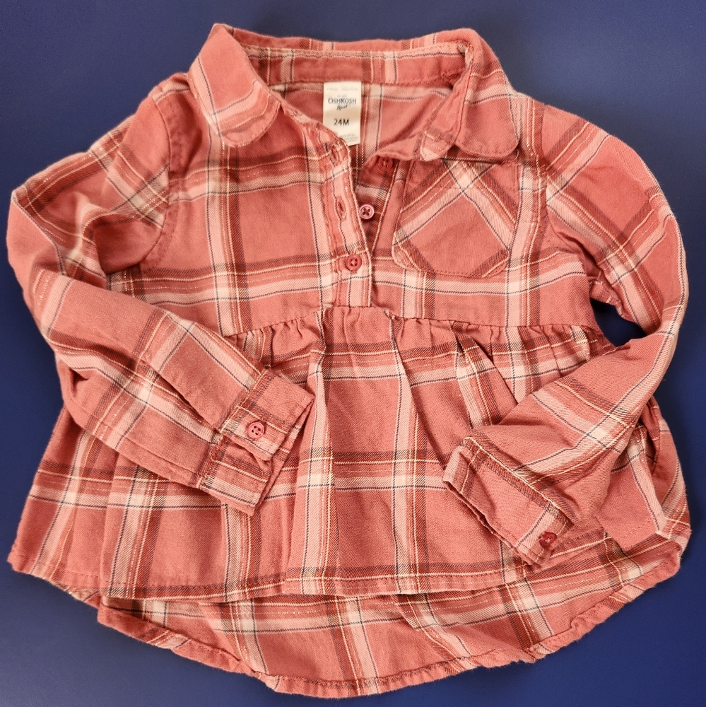 OshKosh B'gosh 24M Pink Plaid Half-Button Down Shirt with Gold Threading